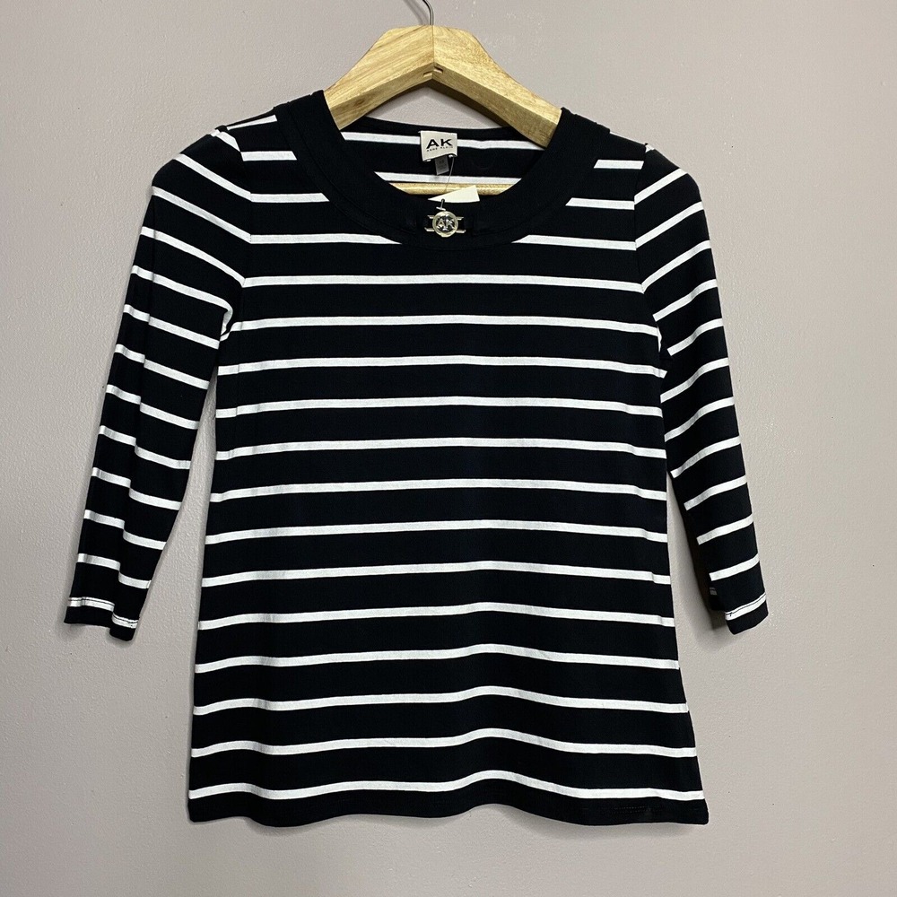 Anne Klein Black White Striped Top‎ Pullover 3/4 Sleeve Size XS Women's